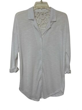 Paper + Tee White Floral Lace Back 3/4 Sleeve Button Up Tunic Shirt L